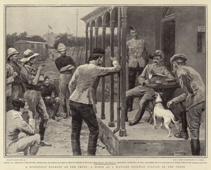 En vitenskapelig nyhet ved fronten, en scene på en Wayside jernbanestasjon på Veldt